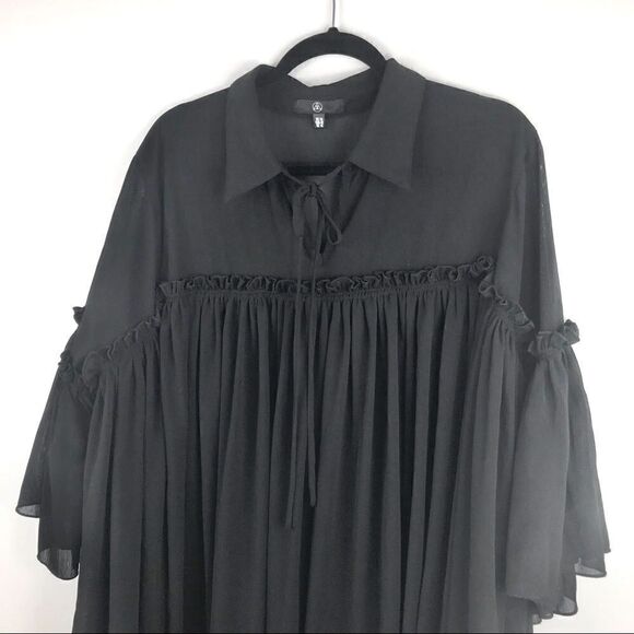 Missguided Semi Sheer Black Poet’s Style Dress with Bell Sleeves and Tie Front - Picture 8 of 15